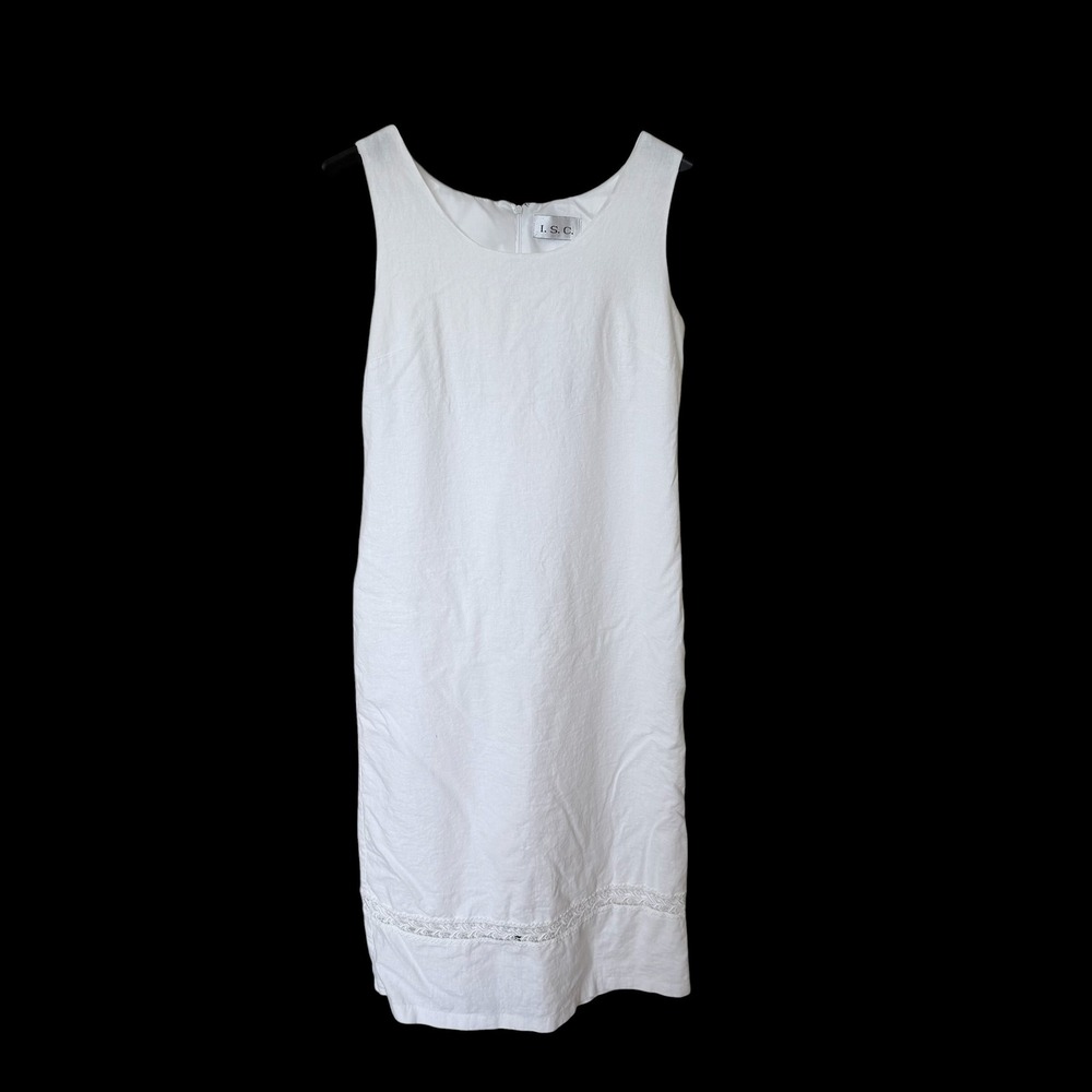 Vintage I.S.C. White Sleeveless Linen Dress Crochet Lace Hem Midi Sz M